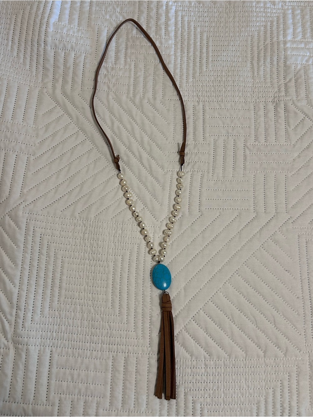 Leather Tassel Necklace with Turquoise Pendant and Pearls